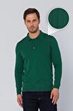 Erkek Regular Fit Düz Renk Polo Yaka Düğmeli Uzun Kollu Çizgili Triko Kazak
