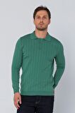 Erkek Regular Fit Düz Renk Polo Yaka Düğmeli Uzun Kollu Çizgili Triko Kazak