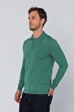 Erkek Regular Fit Düz Renk Polo Yaka Düğmeli Uzun Kollu Çizgili Triko Kazak