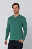 Erkek Regular Fit Düz Renk Polo Yaka Fermuarlı Uzun Kollu Triko Kazak