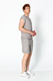 Erkek Fit Extra Rahat Düğmeli Bisiklet Yaka Delikli T-Shirt ve Şort