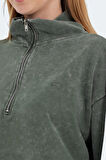 Slazenger VIEWER Oversize Kadın Dik Yaka Fermuarlı Haki Sweatshirt