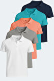 Slazenger SOHO 5 li Set Erkek  Beyaz - Gri - Lacivert - Somon - Turkuaz Tişört