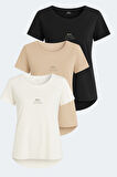 Slazenger VIRAJ 3 lü Set Kadın  Ekru - Siyah - Bej Tişört