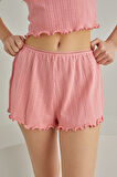 Pembe Self Patterned Crop Şort Takım