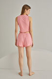 Pembe Self Patterned Crop Şort Takım