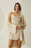 Taş Rengi Silky Kısa Kuşaklı Tek Sabahlık