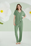 Yeşil Modal V Yaka Pijama Takımı