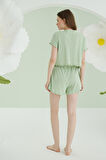 Yeşil Önden Düğmeli Crop Şort Takım