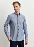 Erkek Indigo Slim Fit Dar Kesim Düğmeli Yaka Armürlü Gömlek