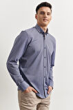 Erkek Lacivert Slim Fit Dar Kesim Oxford Düğmeli Yaka Pike Desenli Pamuklu Gömlek