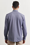 Erkek Lacivert Slim Fit Dar Kesim Oxford Düğmeli Yaka Pike Desenli Pamuklu Gömlek
