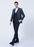 Erkek Lacivert Slim Fit Dar Kesim Mono Yaka Armürlü Yelekli Klasik Takım Elbise
