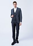 Erkek Lacivert Slim Fit Dar Kesim Mono Yaka Armürlü Yelekli Klasik Takım Elbise