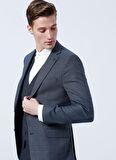 Erkek Lacivert Slim Fit Dar Kesim Mono Yaka Armürlü Yelekli Klasik Takım Elbise