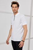 Erkek Beyaz Slim Fit Dar Kesim Polo Yaka %100 Pamuk Petek Desenli Kısa Kollu Tişört
