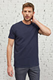 Erkek Lacivert Slim Fit Dar Kesim Bisiklet Yaka Kısa Kollu Yumuşak Tuşeli Basic Tişört