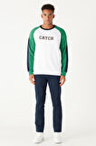 Erkek Beyaz-yeşil Standart Fit Normal Kesim Bisiklet Yaka Pamuklu Çizgili Sweatshirt