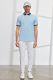 Erkek Açık Mavi Slim Fit Dar Kesim %100 Pamuk Kıvrılmaz Polo Yaka Tişört