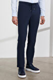 Erkek Lacivert Slim Fit Dar Kesim Kırlangıç Yaka Desenli Takım Elbise