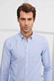 Erkek Mavi-beyaz Slim Fit Dar Kesim Düğmeli Yaka Pamuklu Çizgili Oxford Gömlek