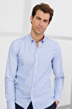 Erkek Mavi-beyaz Slim Fit Dar Kesim Düğmeli Yaka Pamuklu Çizgili Oxford Gömlek