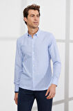 Erkek Mavi-beyaz Slim Fit Dar Kesim Düğmeli Yaka Pamuklu Çizgili Oxford Gömlek