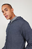 Erkek Lacivert-gri Standart Fit Normal Kesim Kapüşonlu Fermuarlı Sweatshirt Ceket