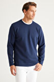 Erkek Lacivert Slim Fit Dar Kesim Bisiklet Yaka Yumuşak Tuşeli Sweatshirt