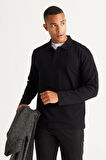 Erkek Siyah Standart Fit Normal Kesim 3 Iplik Içi Polarlı %100 Pamuk Polo Yaka Sweatshirt