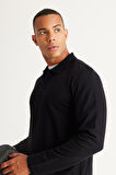 Erkek Siyah Standart Fit Normal Kesim 3 Iplik Içi Polarlı %100 Pamuk Polo Yaka Sweatshirt