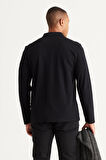 Erkek Siyah Standart Fit Normal Kesim 3 Iplik Içi Polarlı %100 Pamuk Polo Yaka Sweatshirt