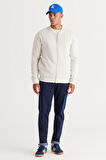 Erkek Bej Standart Fit Normal Kesim Içi Polarlı 3 Iplik Kolej Yaka Pamuklu Sweatshirt Ceket