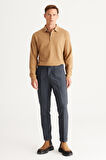 Erkek Lacivert Slim Fit Dar Kesim Desenli Beli Lastikli Esnek Pantolon