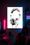 Minimal Oyuncu Kulaklığı Metal Duvar Tablosu Gamer Oda Dekoru Siyah Beyaz 15x20 cm A5 Boyutunda