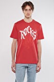 M0611133-70985 Rocks Baskılı  Mavi Erkek T-Shirt Canlı Kırmızı