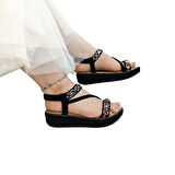 Voyager B185 Siyah Kaymaz Rahat Taş İşlemeli Kadın Sandalet