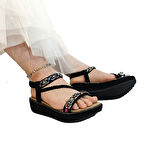 Voyager B185 Siyah Kaymaz Rahat Taş İşlemeli Kadın Sandalet