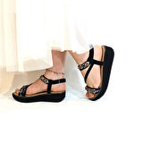 Voyager B185 Siyah Kaymaz Rahat Taş İşlemeli Kadın Sandalet