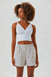 Bağlamalı Sırt Detaylı Şık Bohem Crop Bluz Beyaz | STD