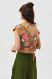 Desenli Sırt Detaylı Bağlamalı Bohem Crop Bluz Hardal | M