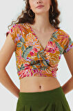Desenli Sırt Detaylı Bağlamalı Bohem Crop Bluz Hardal | M