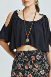 Omuzları Bağcıklı Düz Crop Top Siyah | STD