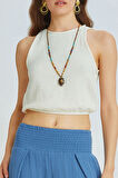 Beli Lastikli Basic Crop Bluz Bej | L