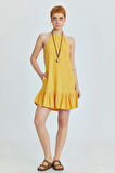 Halter Yaka Eteği Fırfırlı Mini Elbise Sarı | M