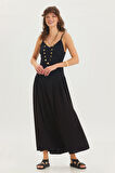Askılı V Yaka Kloş Uzun Bohem Elbise Siyah | L