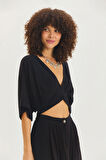 Arkadan Bağlamalı Bohem Crop Bluz Siyah | STD