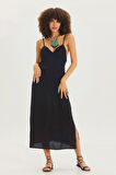 Sırt Dekolteli Askılı Midi Elbise Siyah | S