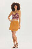 Yandan Düğmeli Etek Ucu Detaylı Yazlık Mini Etek Karamel | M