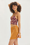 Yandan Düğmeli Etek Ucu Detaylı Yazlık Mini Etek Karamel | M